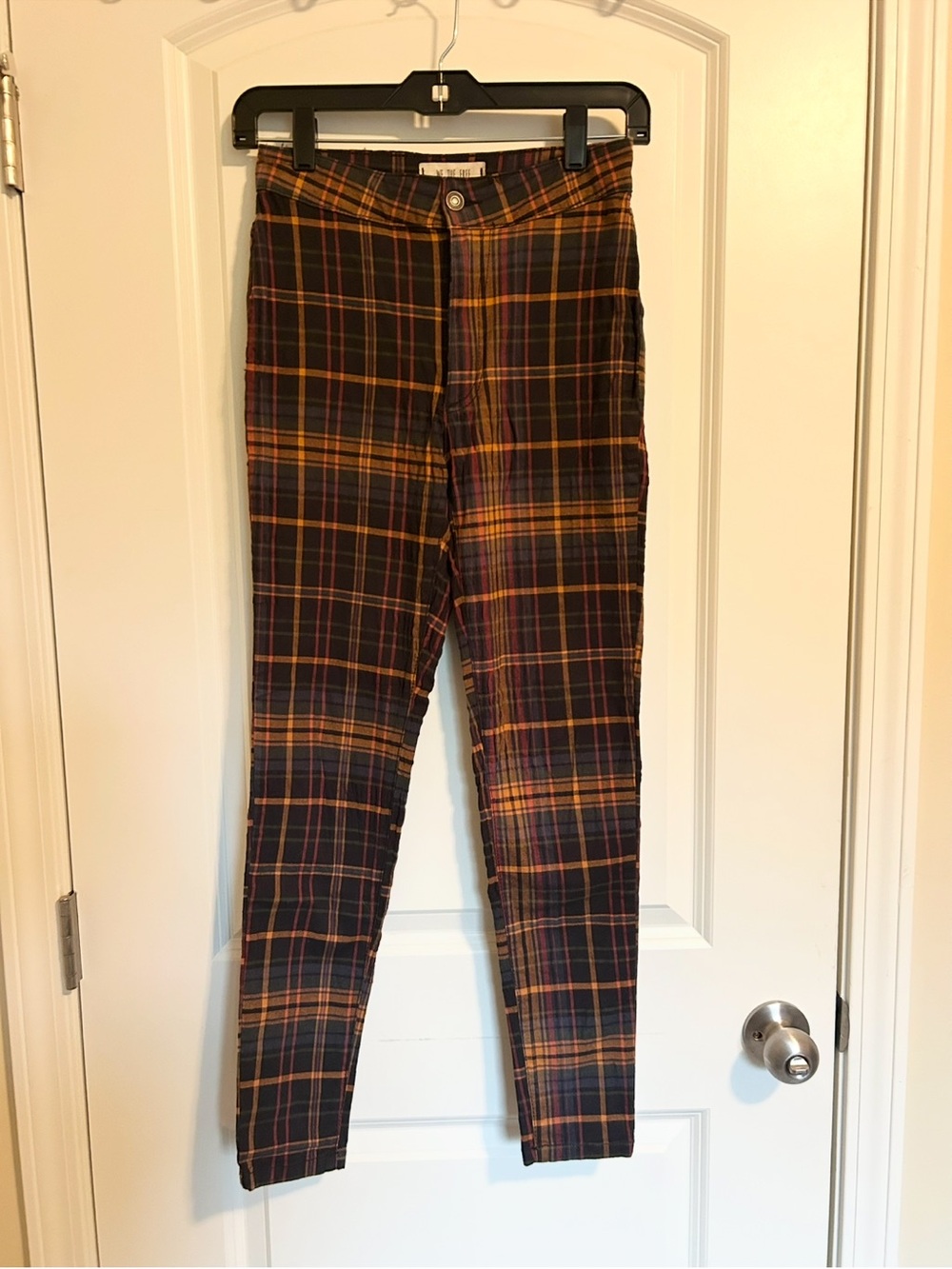 Womans high rise stretch Plaid Slim-Fit Pants in Navy and Mustard